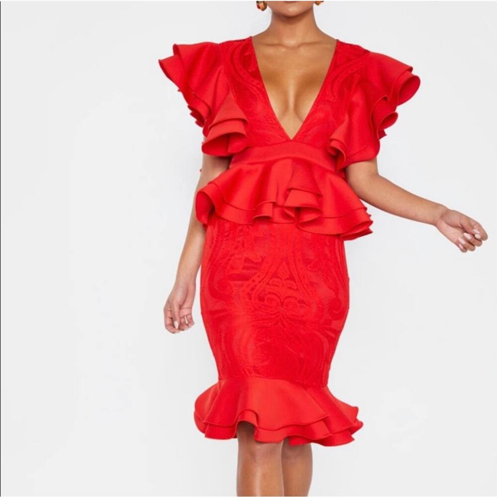 PRETTYLITTLETHING Red Ruffle Detail Plunge Neckline Midi Dress Size 6